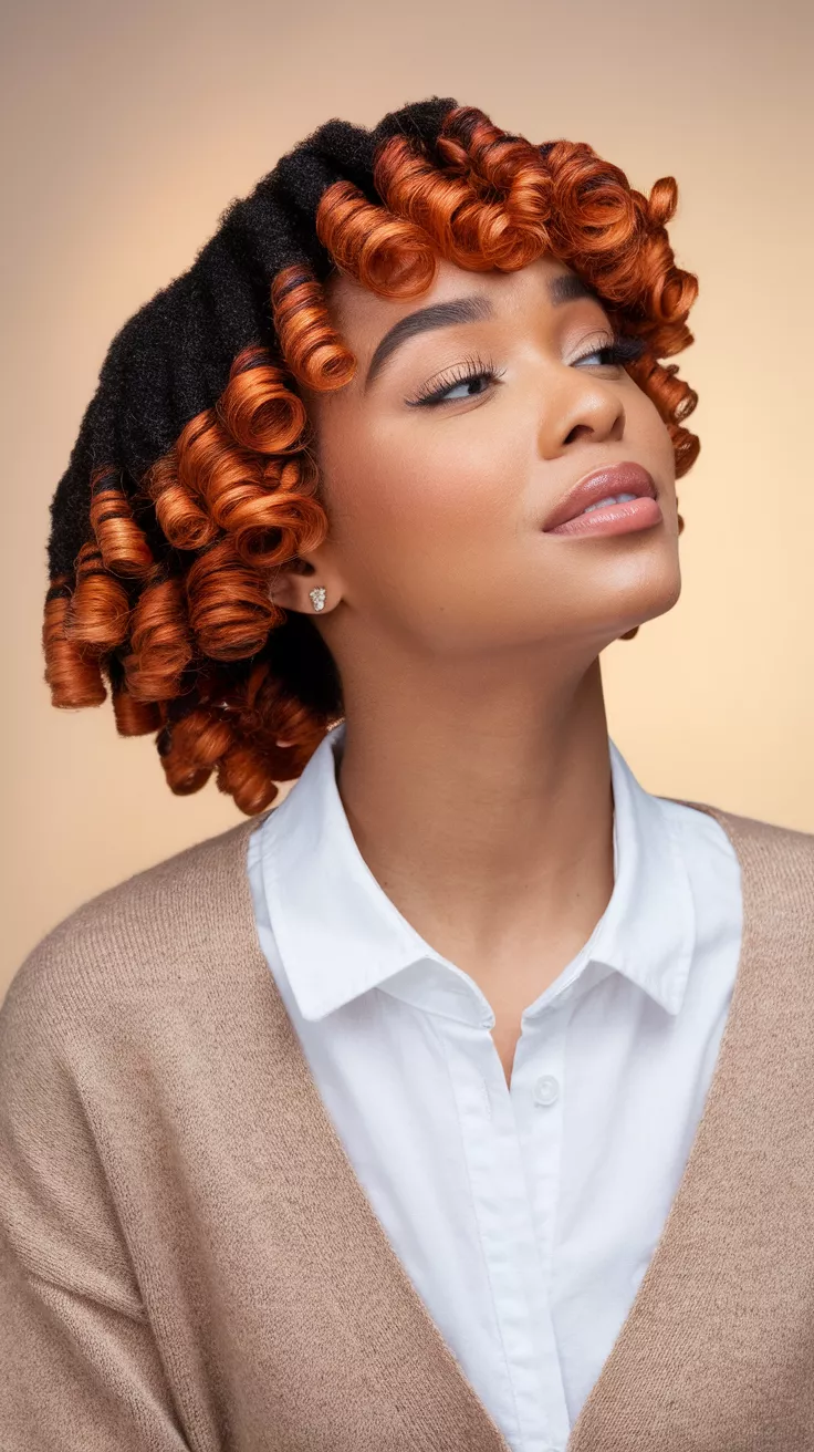 Curly Bob with Pumpkin Spice Highlights A 29-year-old woman with a scattered copper-orange highlights colored tight curls in a bob shape, front view.