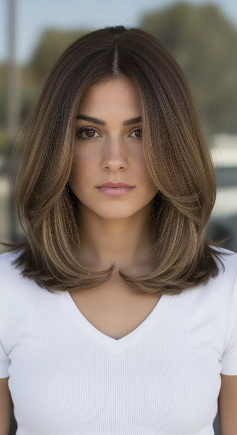 A 25-year-old woman with a cool, taupe-toned brunette with soft dimension colored medium-length hair with soft layers, front view.