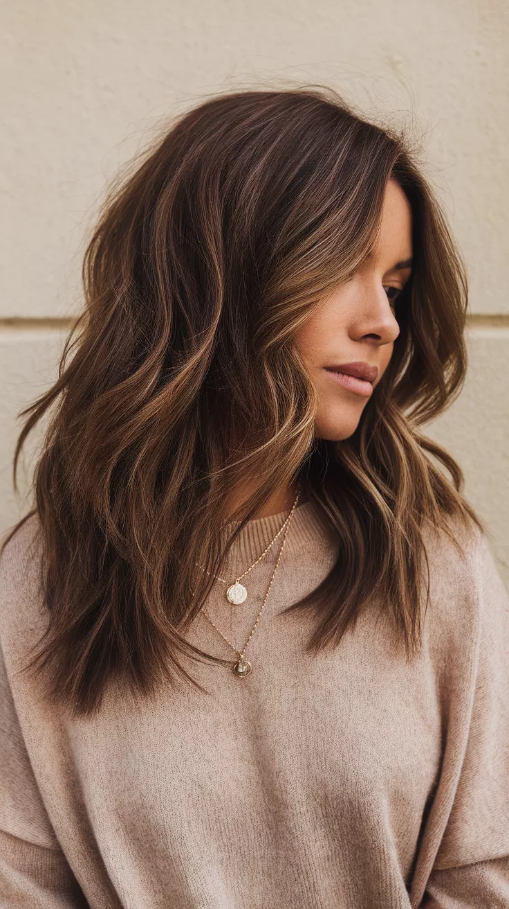 Mocha Brown A beautiful 31-year-old woman with a deep, neutral brown with natural depth colored hairstyle, side view.