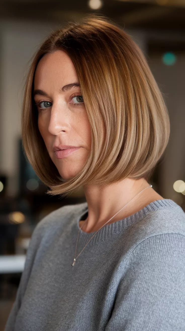 Rounded Bob with Golden Bronde Blend A 33-year-old woman with a neutral brown with a cool-tone sheen colored neat bob tucked back, front view.
