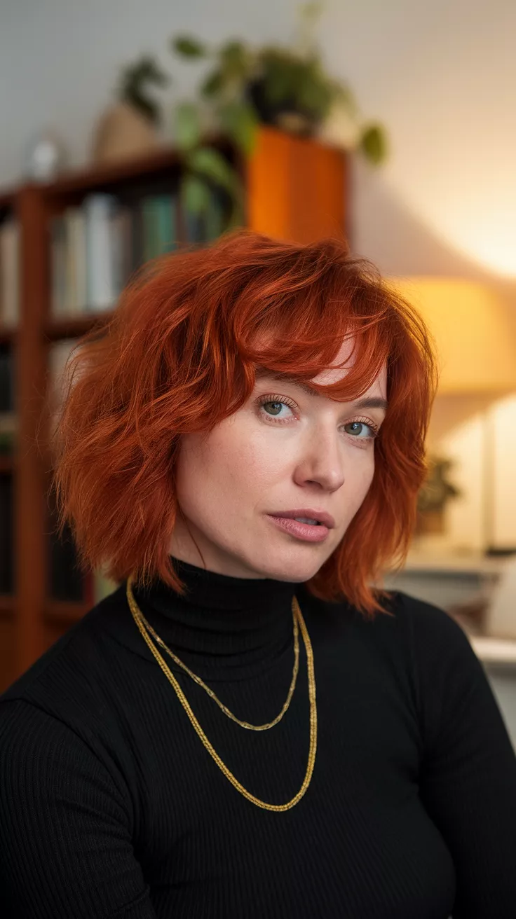 A beautiful 36-year-old woman with a fiery russet red colored shaggy bob.