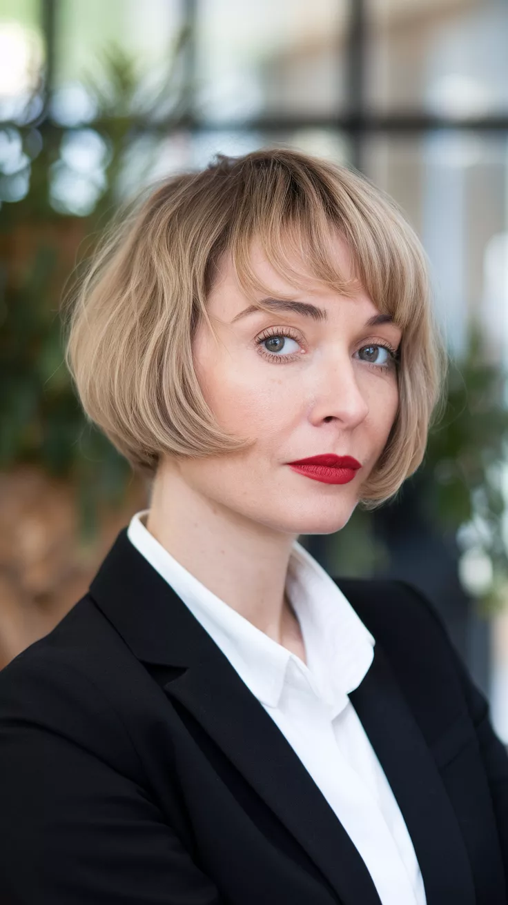 Ultra-Short Bob A beautiful 32-year-old woman with an ultra-short bob hairstyle, side view.