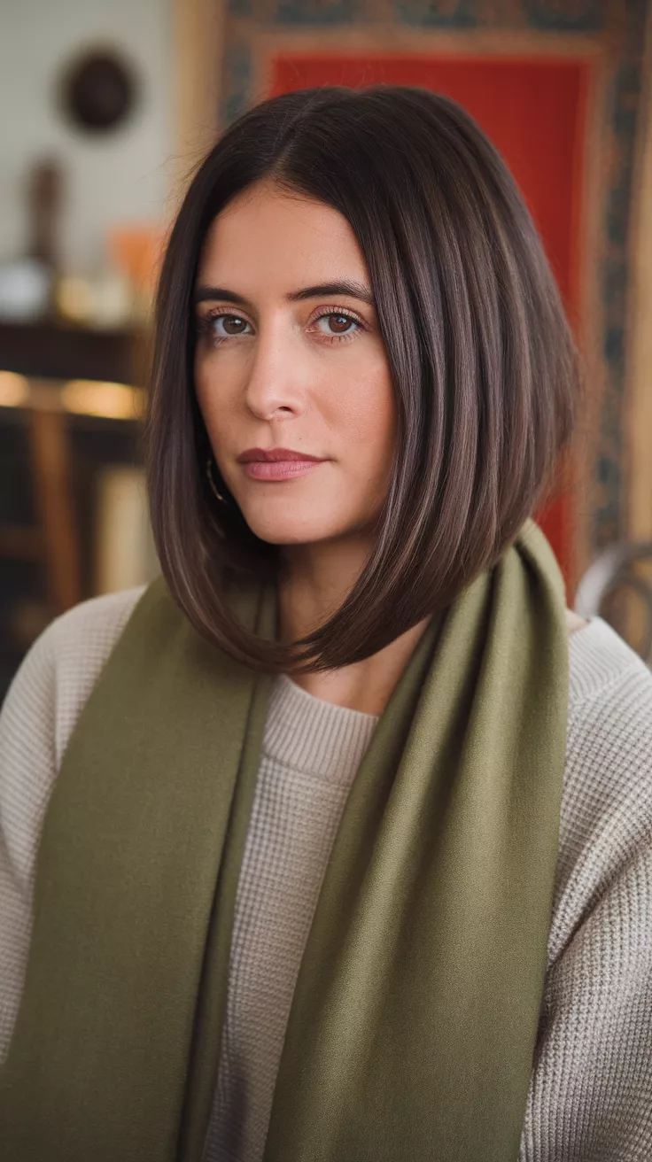 Long Bob (Lob) A beautiful 29-year-old woman with a long bob (lob) hairstyle, front view.