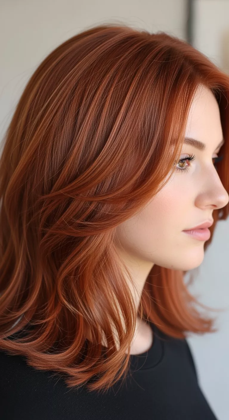 Ginger Spice A 25-year-old woman with a softer, wearable copper that suits most skin tones colored medium-length, layered hair, side view.