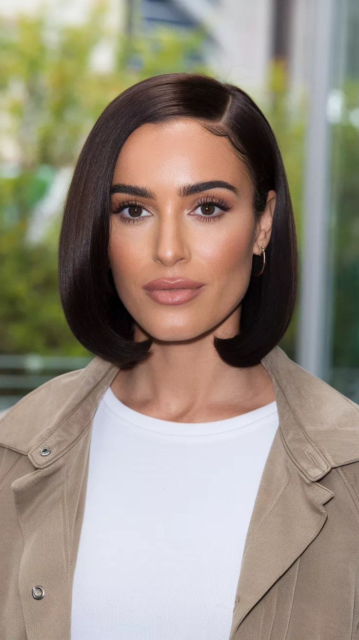 Long Bob with Rich Espresso Brown A 32-year-old woman with a deep espresso hue colored just-above-shoulder lob, sleek and shiny, front view.