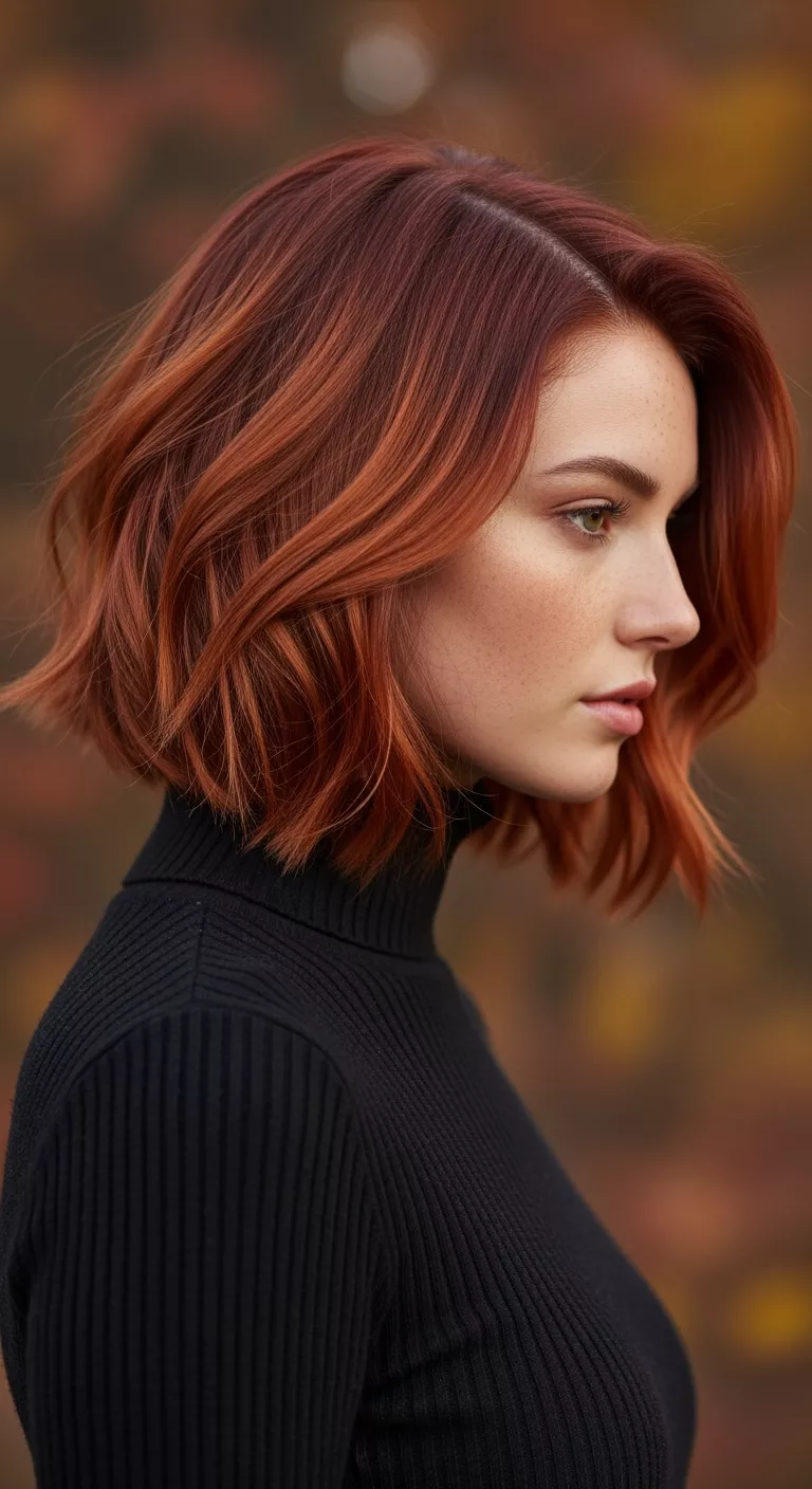 Russet Red A beautiful 27-year-old woman with a earthy red-copper blend inspired by fall foliage colored short, textured bob, side view.