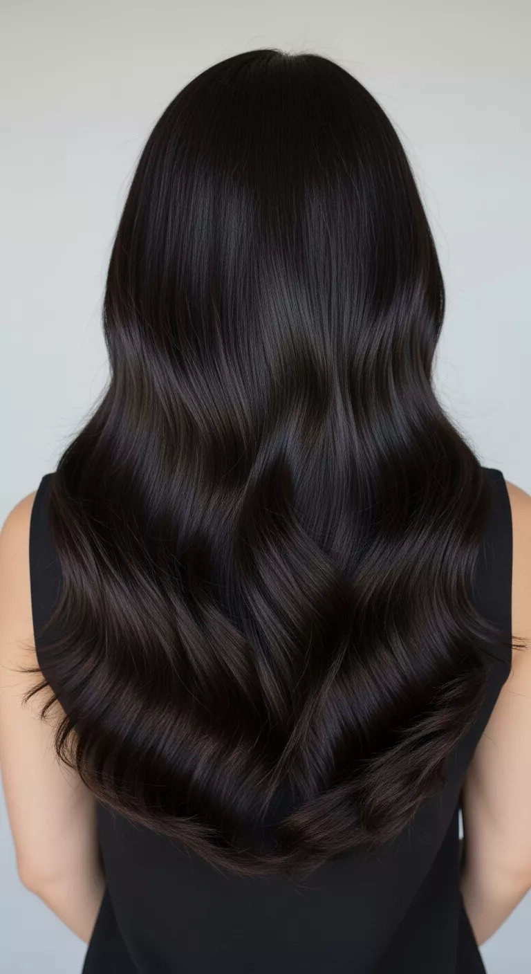 A 29-year-old woman with an ultra-dark brunette with a shiny finish colored straight hair, back view.