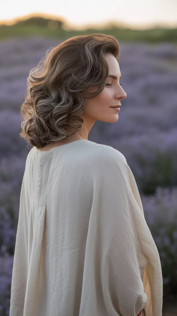 A 35-year-old woman with a soft, ashy brown with taupe undertones colored curly hairstyle, back view.
