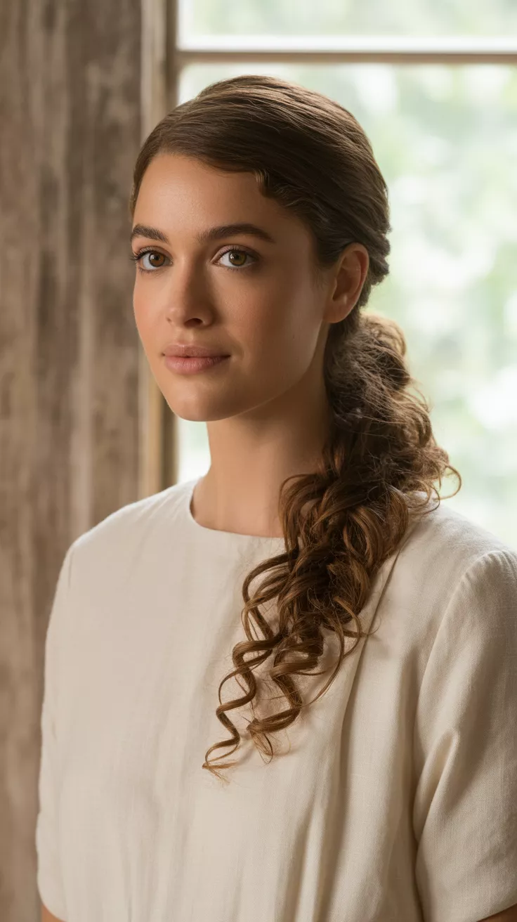 A beautiful 22-year-old woman with a half-up, half-down hairstyle featuring the top section of her curls gathered and twisted into a small elegant knot or braid at the back of her head, allowing the rest of her hair to flow freely.