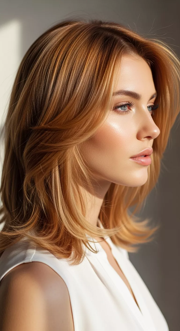 A beautiful 28-year-old woman with a blonde-meets-copper tones for multi-dimensional warmth colored medium-length, layered hair, side view.