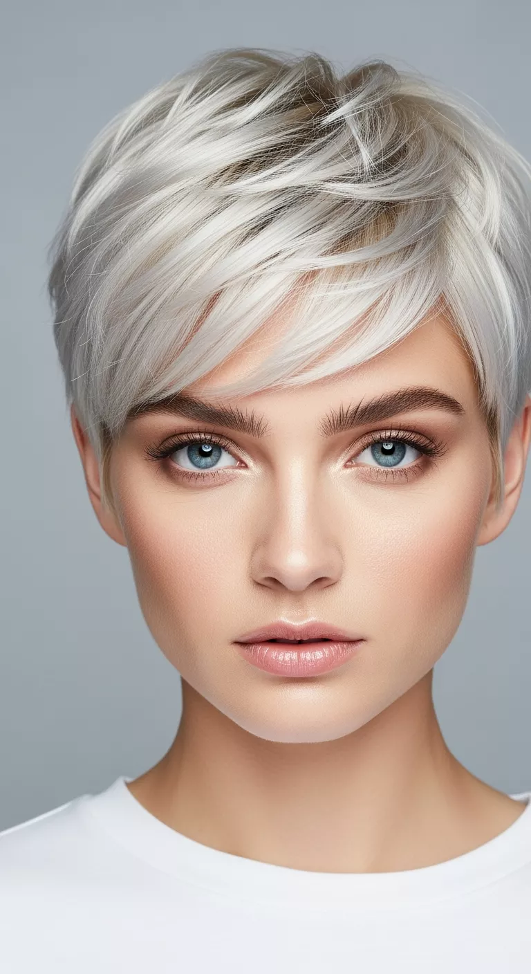 Icy Platinum A 30-year-old woman with a clean, ultra-light blonde with cool undertones colored short, textured pixie, front view.
