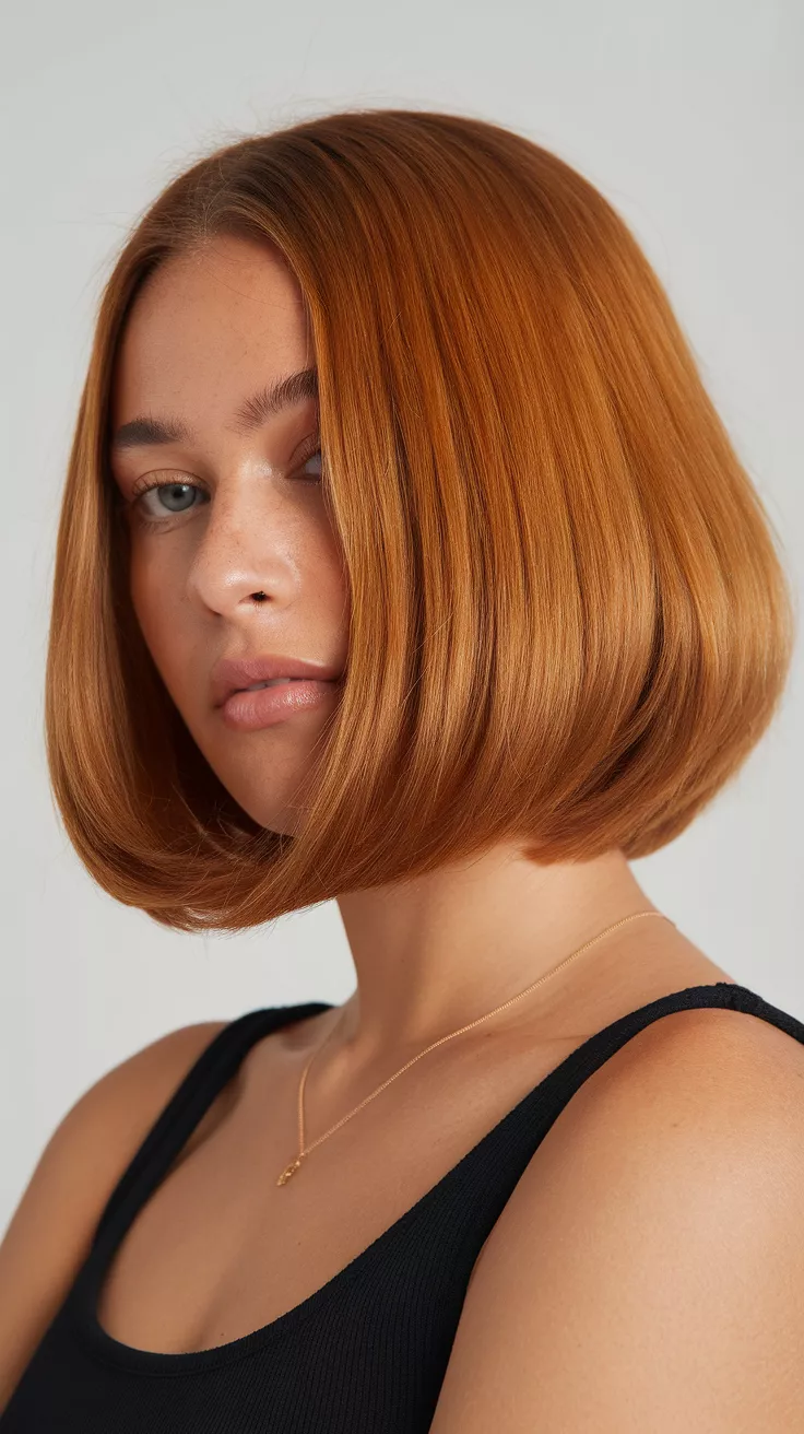 Jaw-Length Blunt Cut with Honey Chestnut Shine A 25-year-old woman with a glowing honey-chestnut color colored ultra-straight bob with no layers, front view.