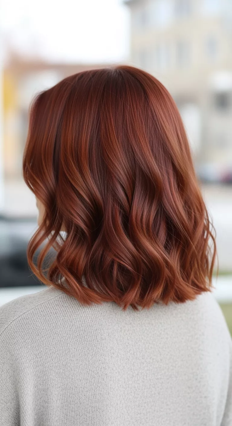 A 37-year-old woman with a warm, reddish-brown inspired by autumn foliage colored medium-length hair with soft waves, back view.