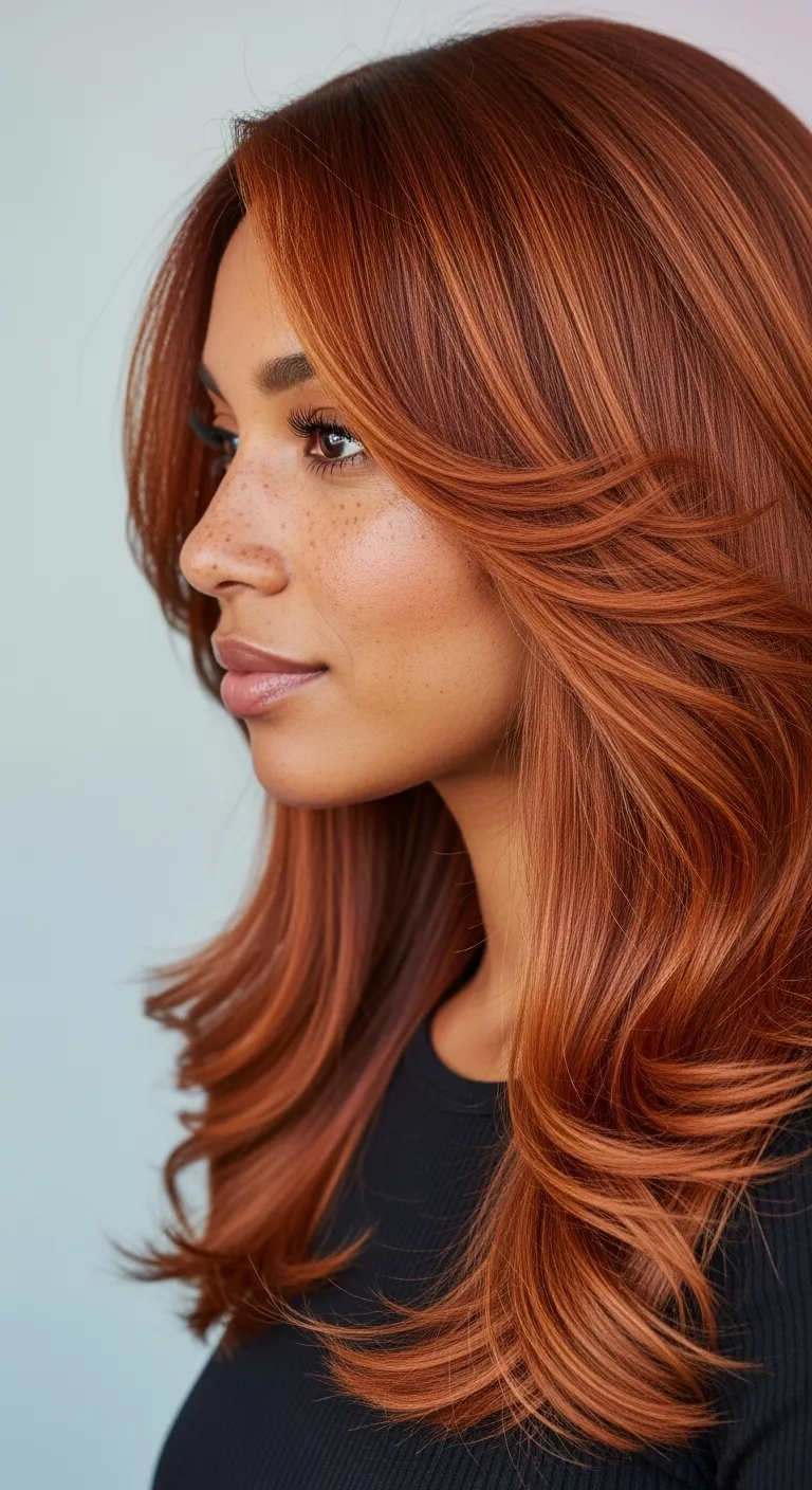 Deep Copper Balayage A beautiful 36-year-old woman with a layered copper tones blended from root to tip colored long, flowing hair, side view.