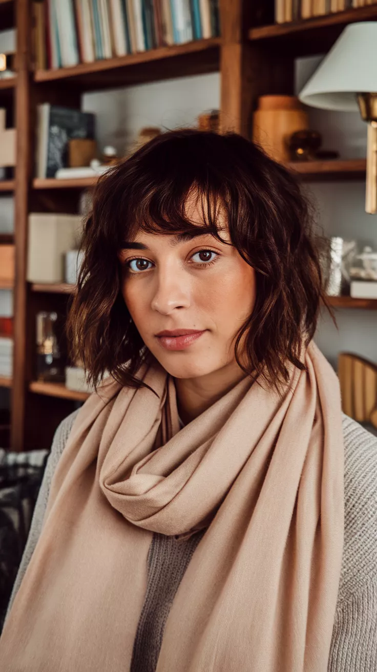 A beautiful 21-year-old woman with a deep mulled wine colored chin-length bob.