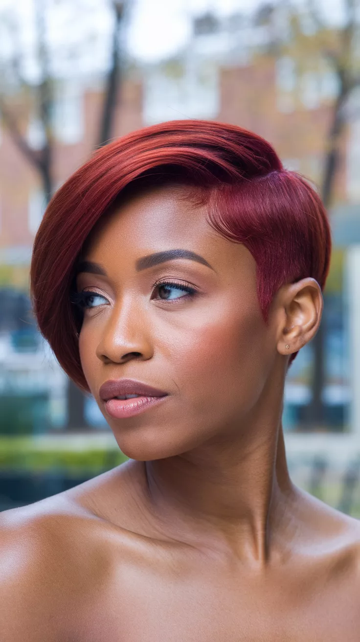 Short Shag with Maple Glow Ends A 35-year-old woman with a rich cranberry coloring colored clean short cut styled to the side, side view.