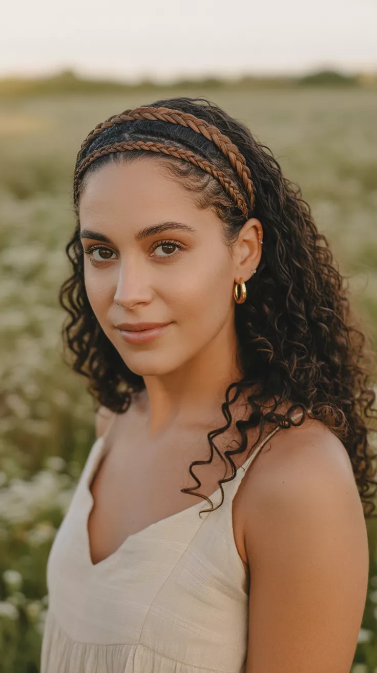 A beautiful 34-year-old woman with a double braided headband, featuring two small, intricate braids woven from her own hair, encircling her head like a delicate Alice band, allowing the rest of her curls to fall freely.