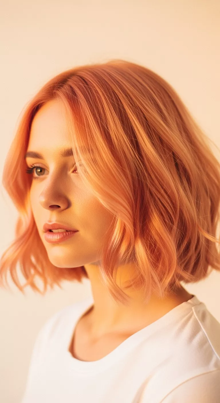 Baked Peach A 25-year-old woman with a subtle orange-pink pastel, perfect for warm light colored short, wavy bob, front view.