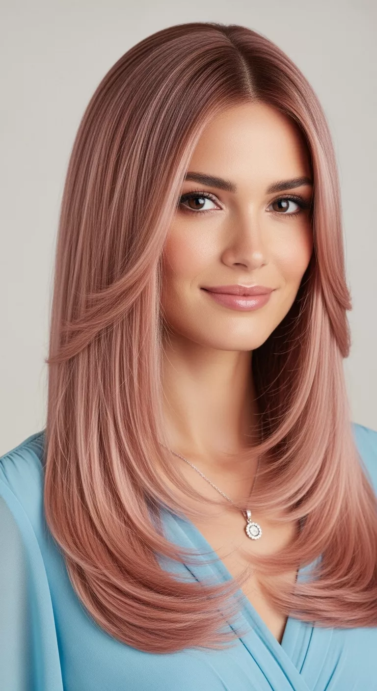 Copper Rose Gold A beautiful 39-year-old woman with a soft copper base with a rose-gold shimmer colored long, straight hair, front view.