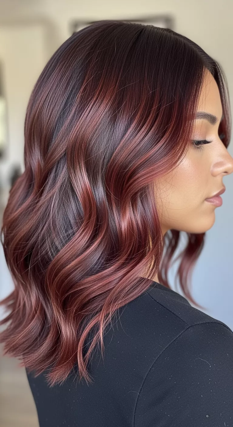 Cherry Chocolate Copper A beautiful 32-year-old woman with a brown-red fusion with a glossy, metallic finish colored medium-length, wavy hair, back view.