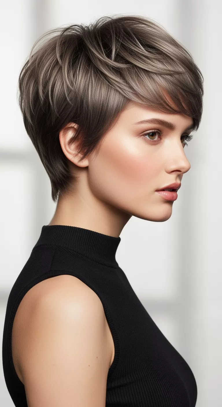 Mushroom Brown A 32-year-old woman with a neutral ash-brown with taupe tones colored short, layered haircut, side view.