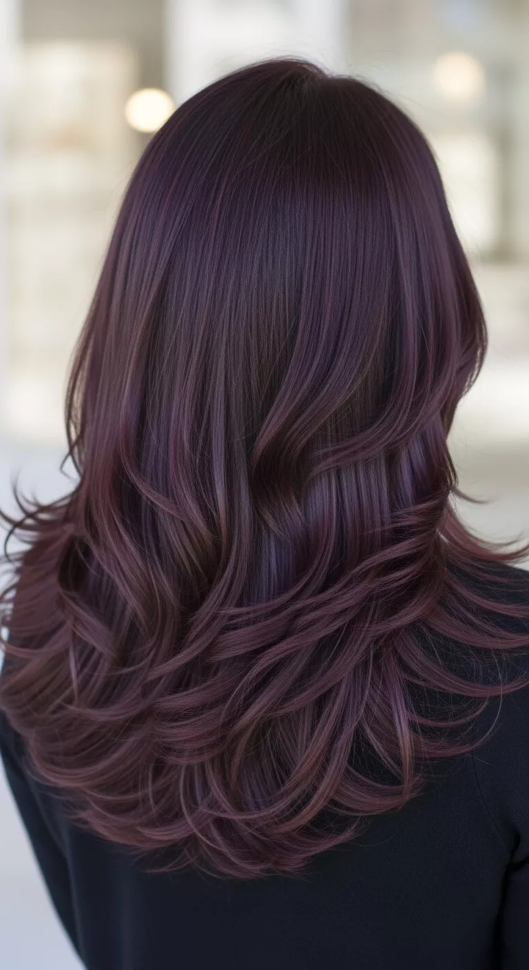 A 21-year-old woman with a solid brunette with jewel-tone purple overtones colored long, layered hair, back view.