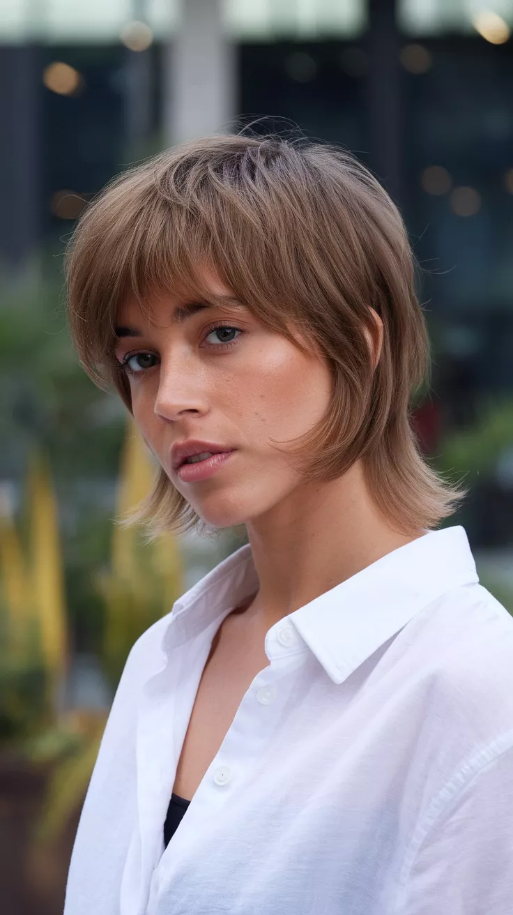 Mixie Cut A beautiful 27-year-old woman with a mixie cut - a blend of pixie and mullet hairstyle, side view.