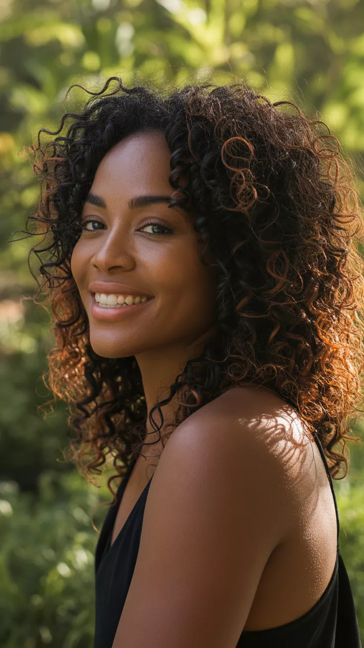 Copper-Dipped Ends A beautiful 31-year-old black woman with her dark natural curls dipped in a bright copper color at the ends.