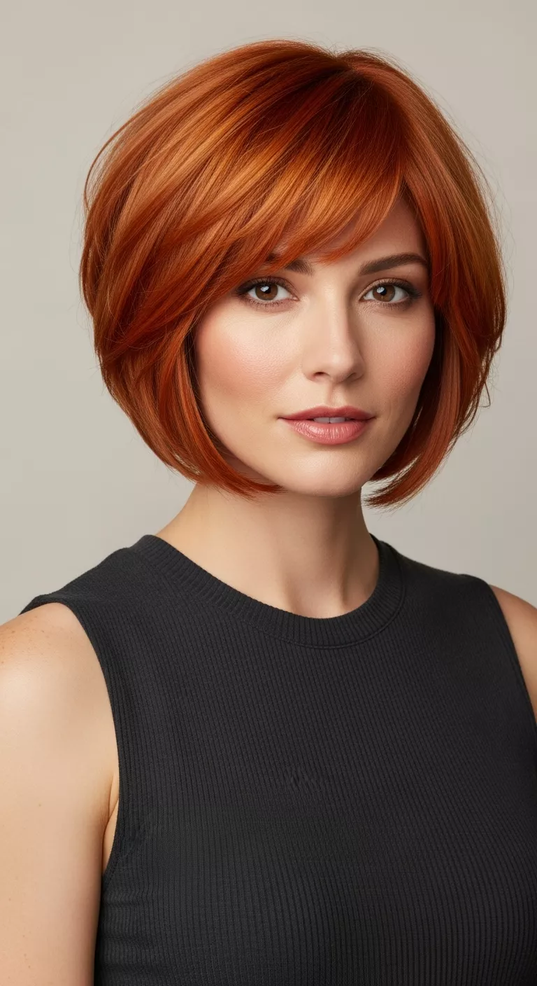 Kettle Copper A beautiful 33-year-old woman with a bold orange-red copper with subtle highlights colored short, choppy bob, front view.
