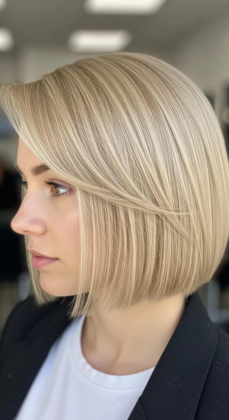 Champagne Blonde A 26-year-old woman with a pale gold with a beige sheen colored sleek, blunt bob, side view.