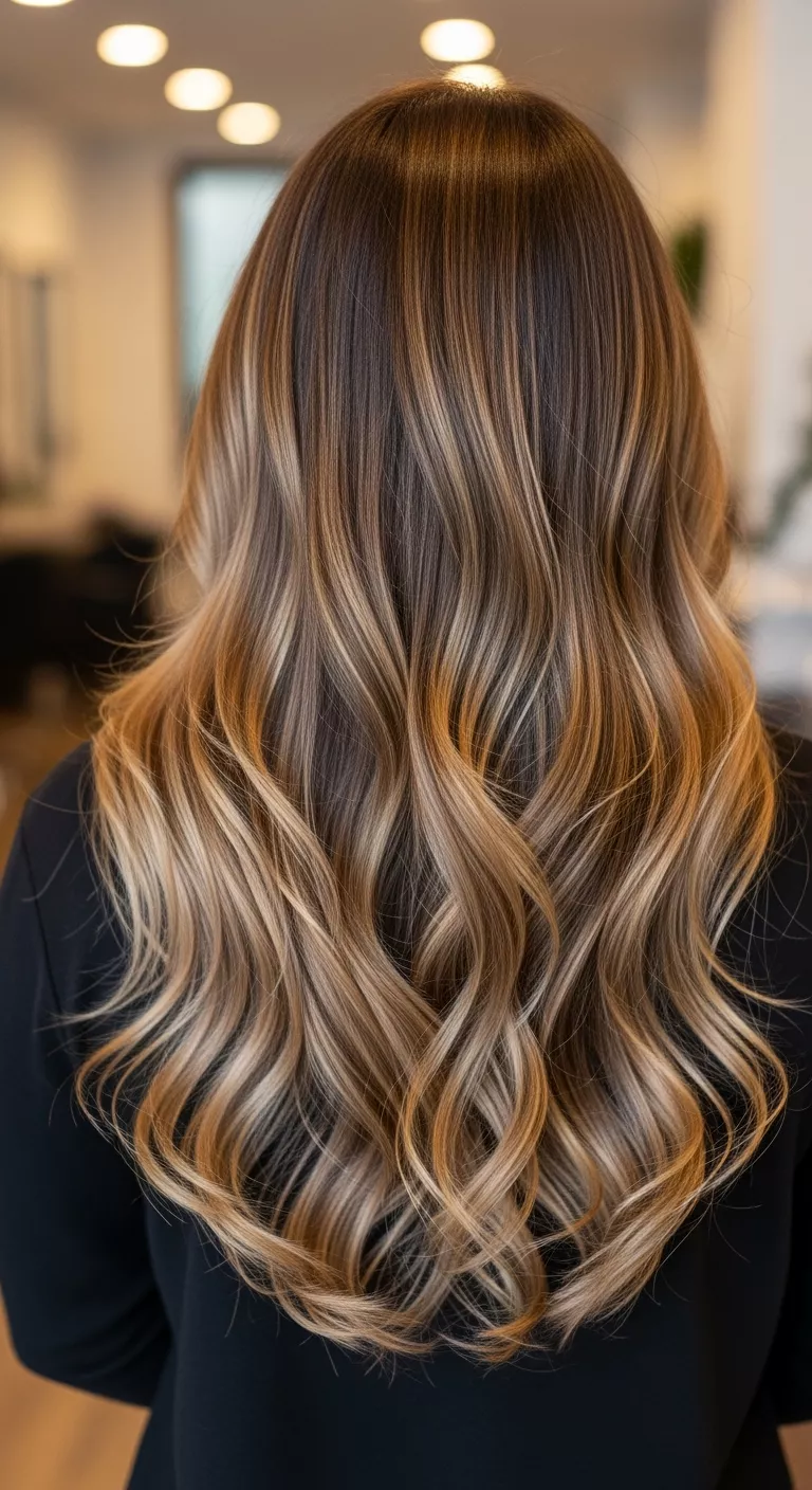 Golden Honey A 33-year-old woman with a warm golden tones that add richness colored flowing, wavy hair, back view.
