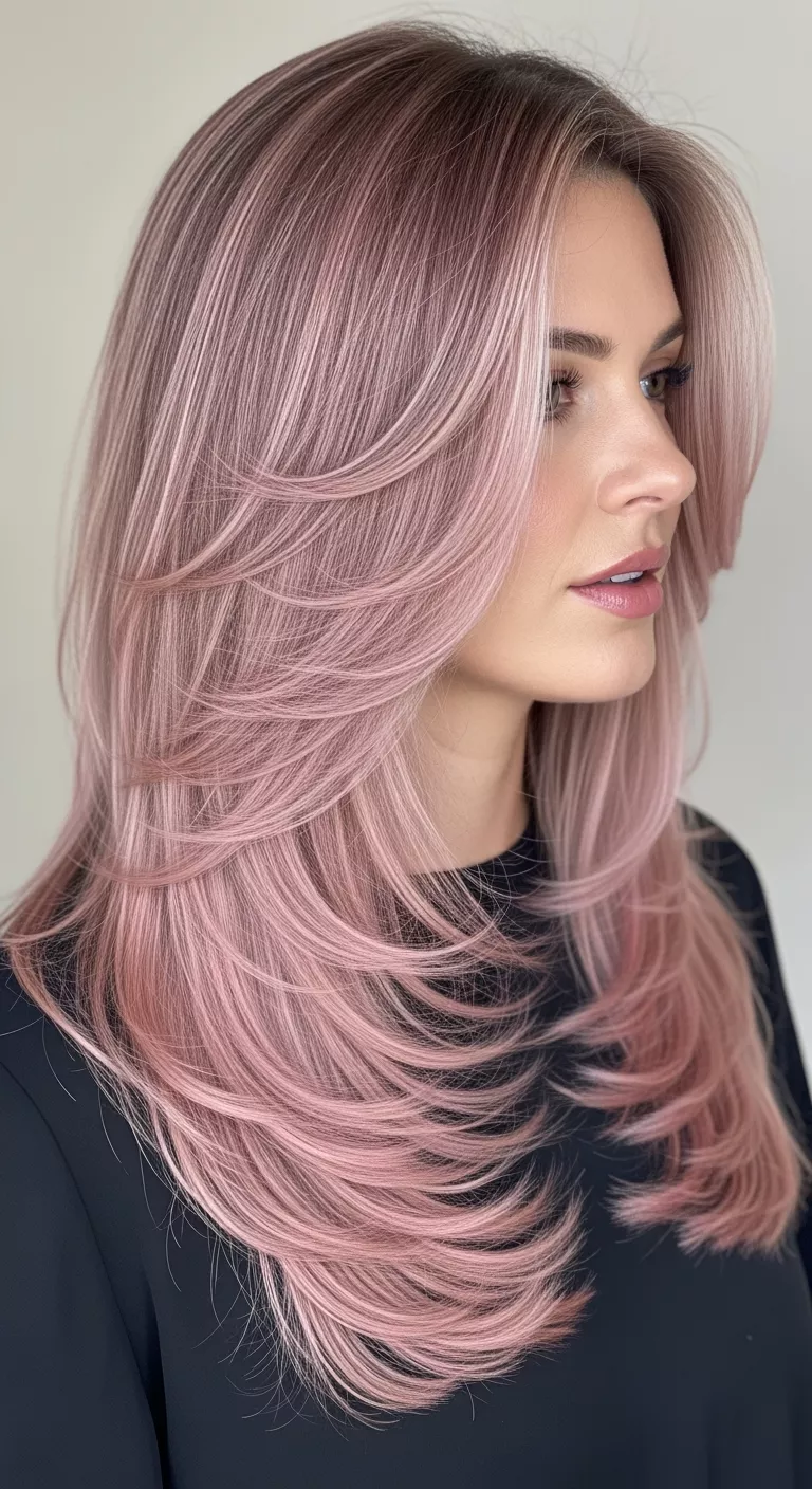 Dusty Rose A 29-year-old woman with a faded pink layered over a neutral base colored long, straight hair, side view.