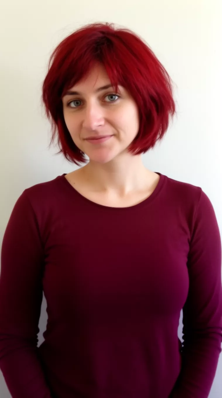 casual photo of a 33-year-old woman wearing a burgundy long-sleeved top with a ruby red short choppy hairstyle