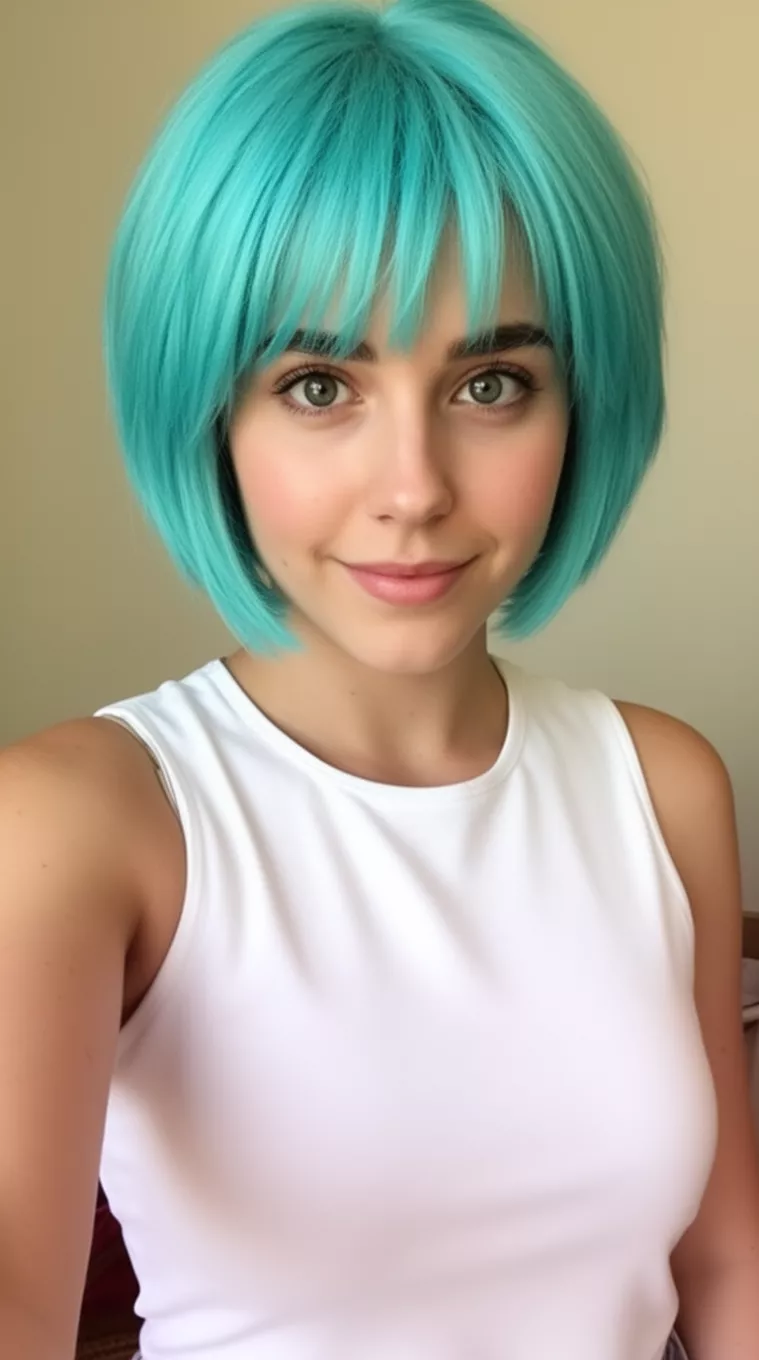 selfie of a 24-year-old woman wearing a white sleeveless top with an aqua blue short bob hairstyle