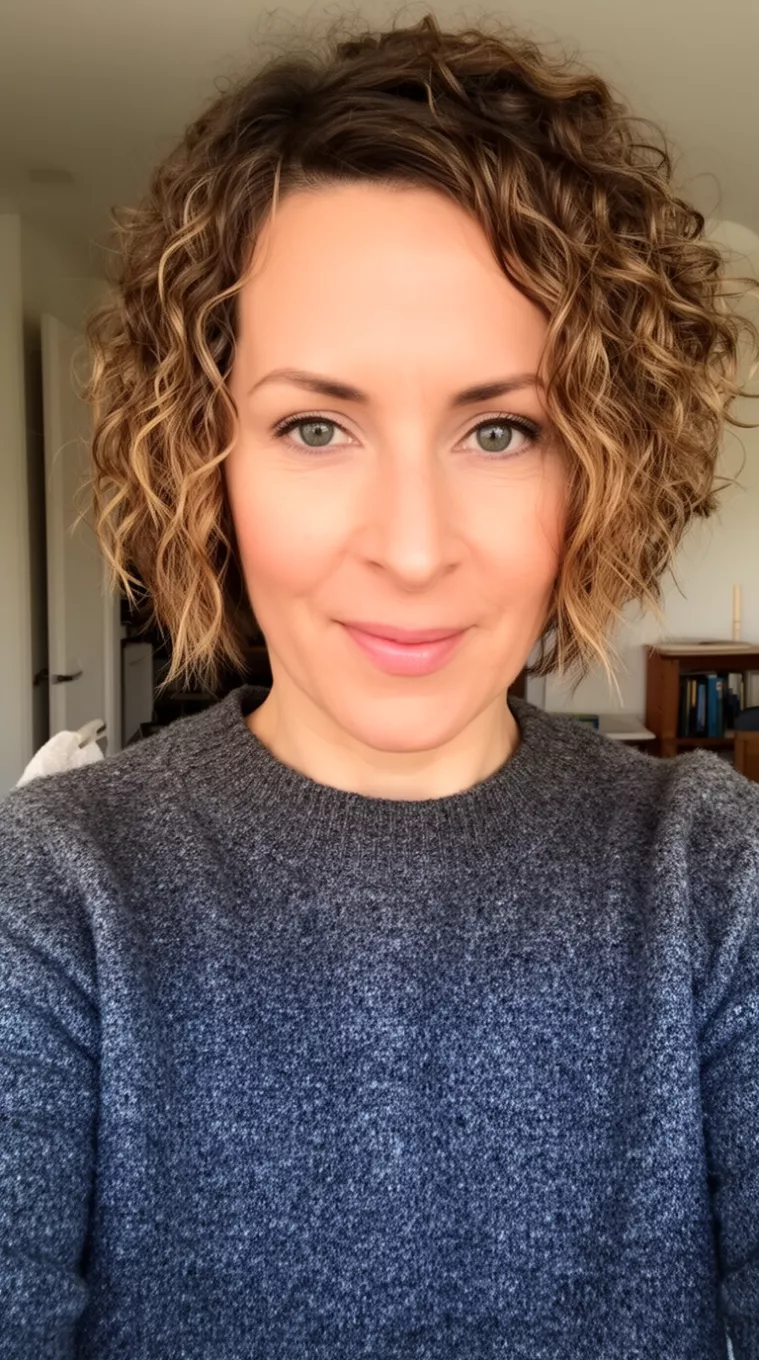 selfie of a 35-year-old woman wearing a charcoal gray wool sweater with a Short curly bob with side part