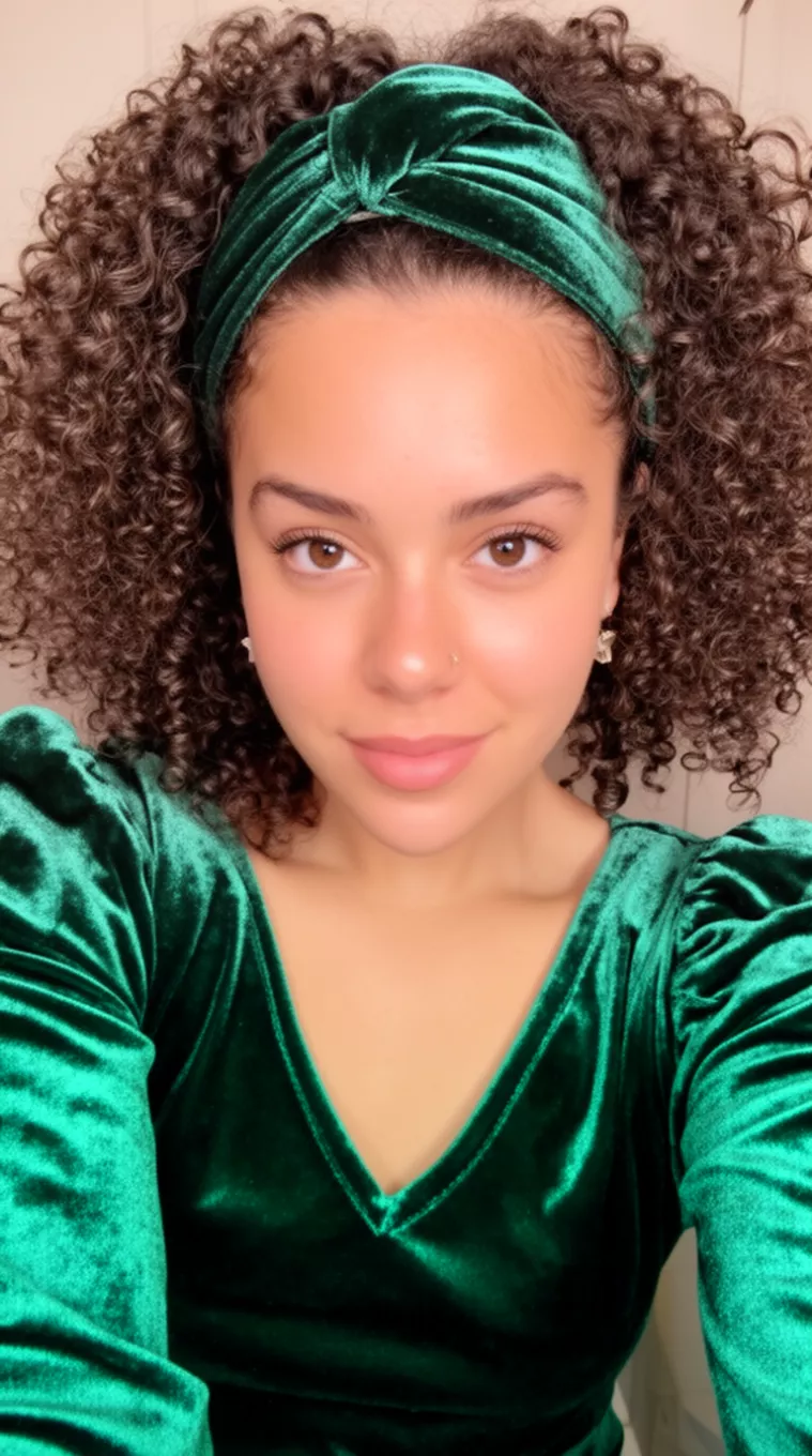 selfie of a 27-year-old woman wearing an emerald green velvet top with a Curly hair with velvet headband
