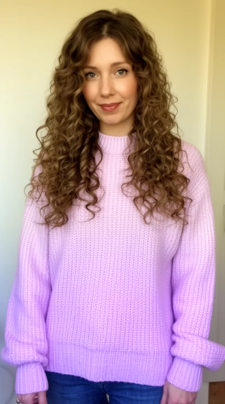 カジュアルphoto of a 33-year-old woman wearing a soft lavender chunky knit sweater with a Long curly layers with face-framing pieces