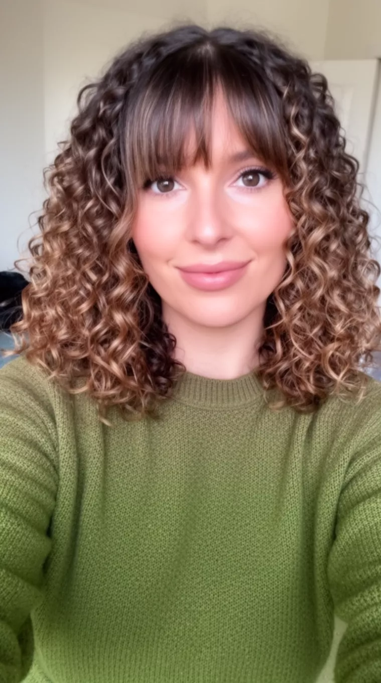 selfie of a 32-year-old woman wearing an olive green sweater dress with a Curly lob with subtle curtain bangs