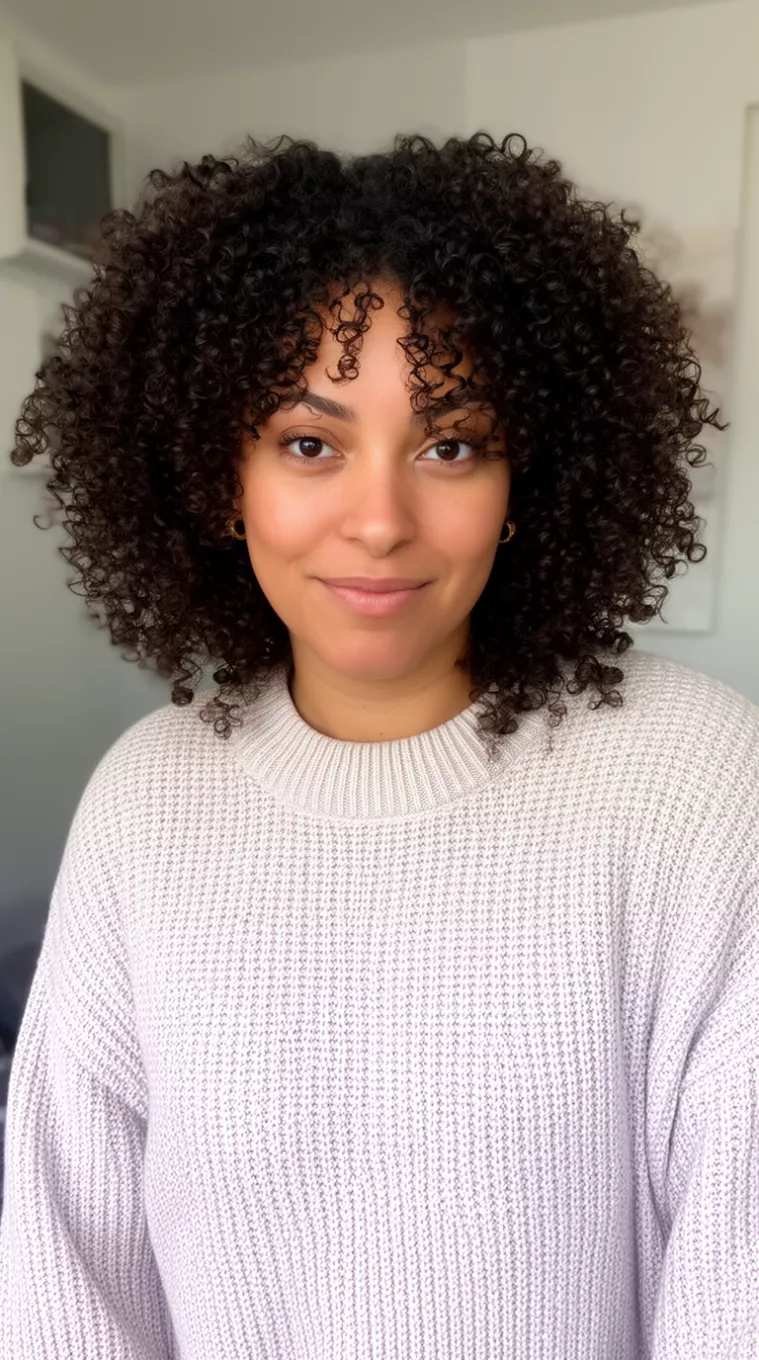 casual photo of a 36-year-old woman wearing a crewneck sweater with a Curly halo cut for tight curls and coils. shot on an iPhone 15 Pro Max