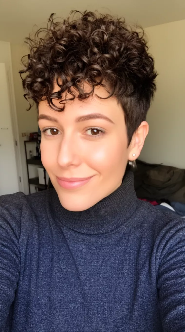 selfie of a 30-year-old woman wearing a dark gray turtleneck with a Curly pixie with volume on top