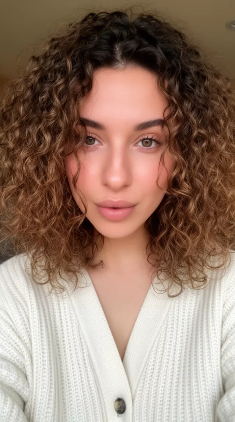 selfie of a 27-year-old woman wearing a cream oversized cardigan with a Loose, fluffy brushed-out curls