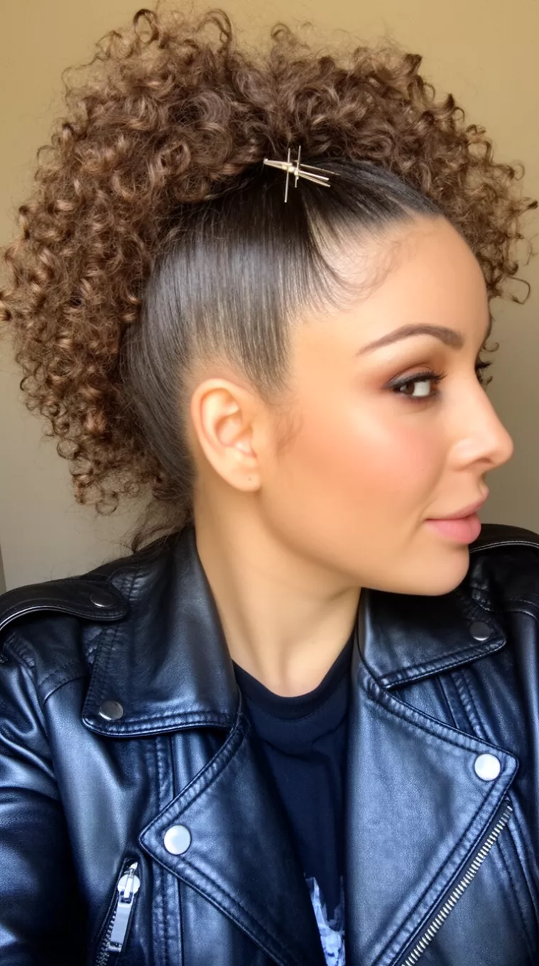 selfie of a 29-year-old woman wearing a black leather jacket with a Curly faux-hawk pinned up the center, side view