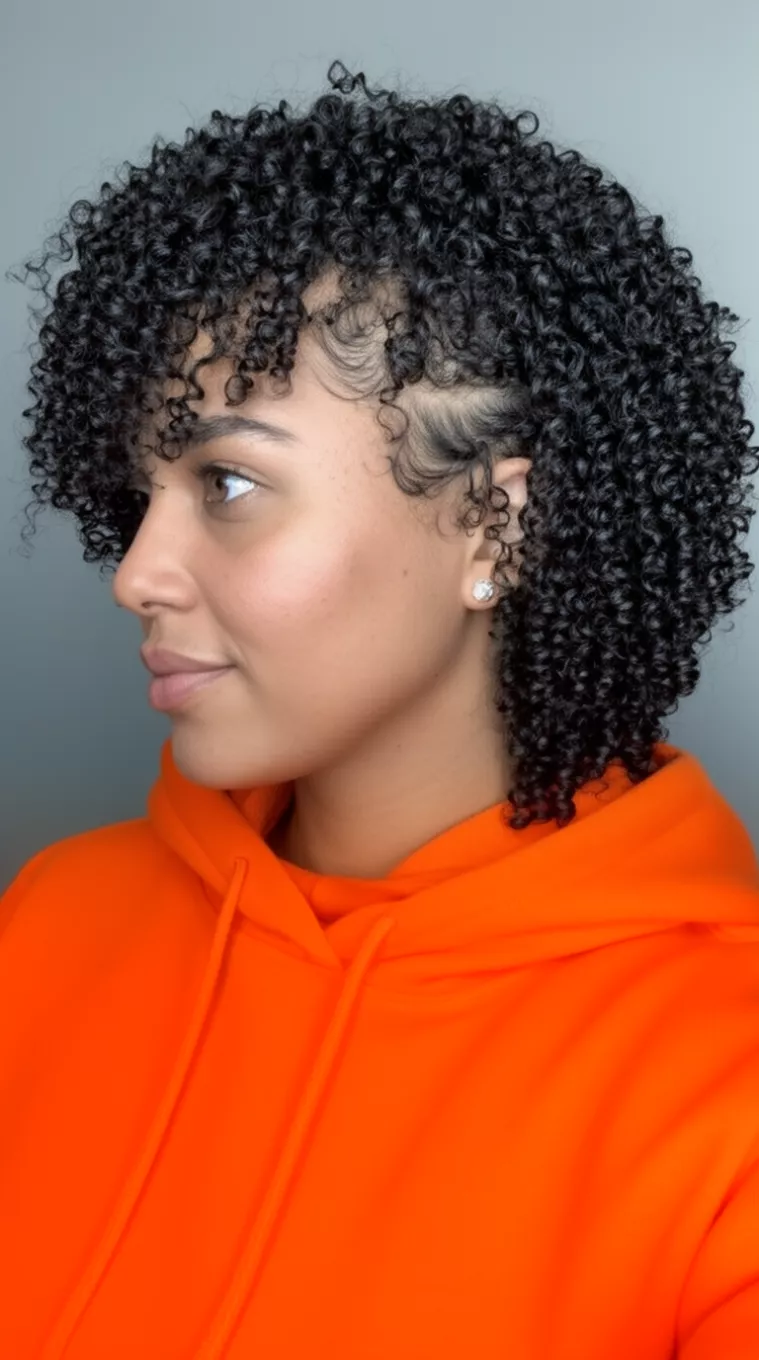 selfie of a 34-year-old woman wearing a vibrant orange hooded sweatshirt with a Tapered curly cut with defined coils, side view