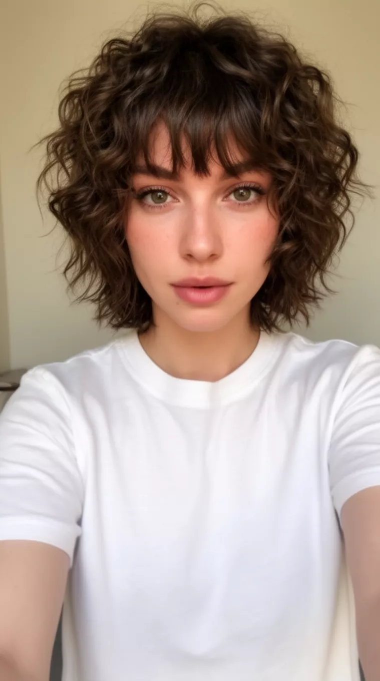 selfie of a 26-year-old woman wearing a simple t-shirt with a Curly wolf cut with soft fringe