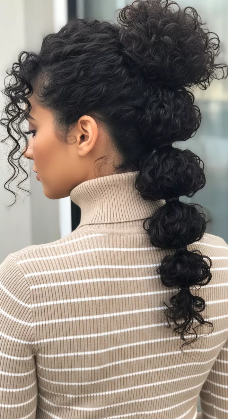casual photo of a 28-year-old woman wearing a beige striped turtleneck with a Curly bubble ponytail hairstyle, back view