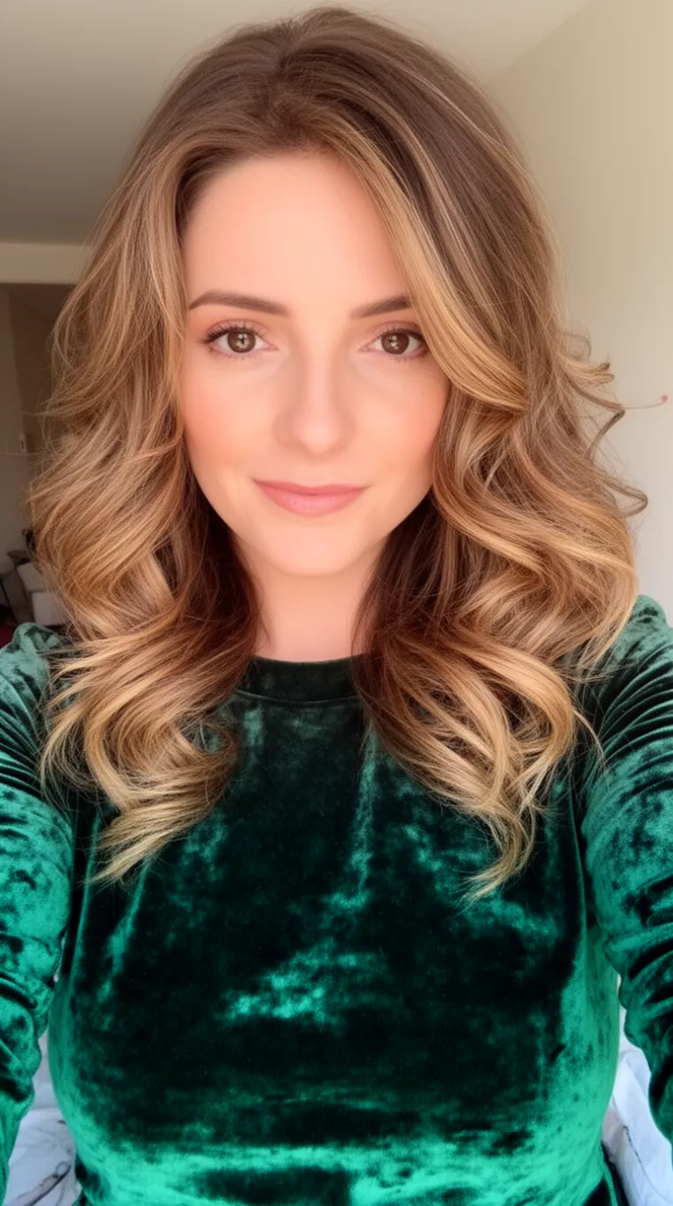selfie of a 30-year-old woman wearing a deep green velvet top with a Mid-length curls with waterfall layers