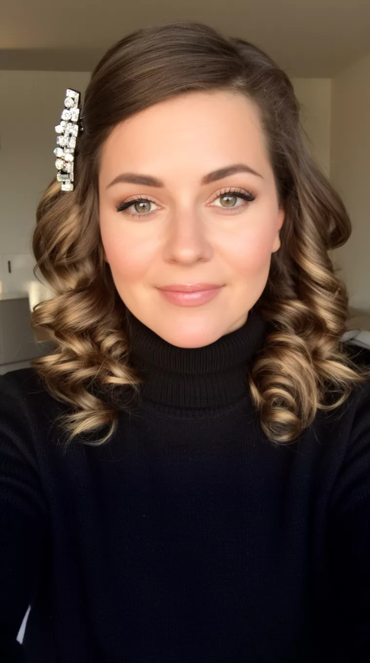 selfie of a 32-year-old woman wearing a black mock neck sweater with a Side-parted curls with statement barrette
