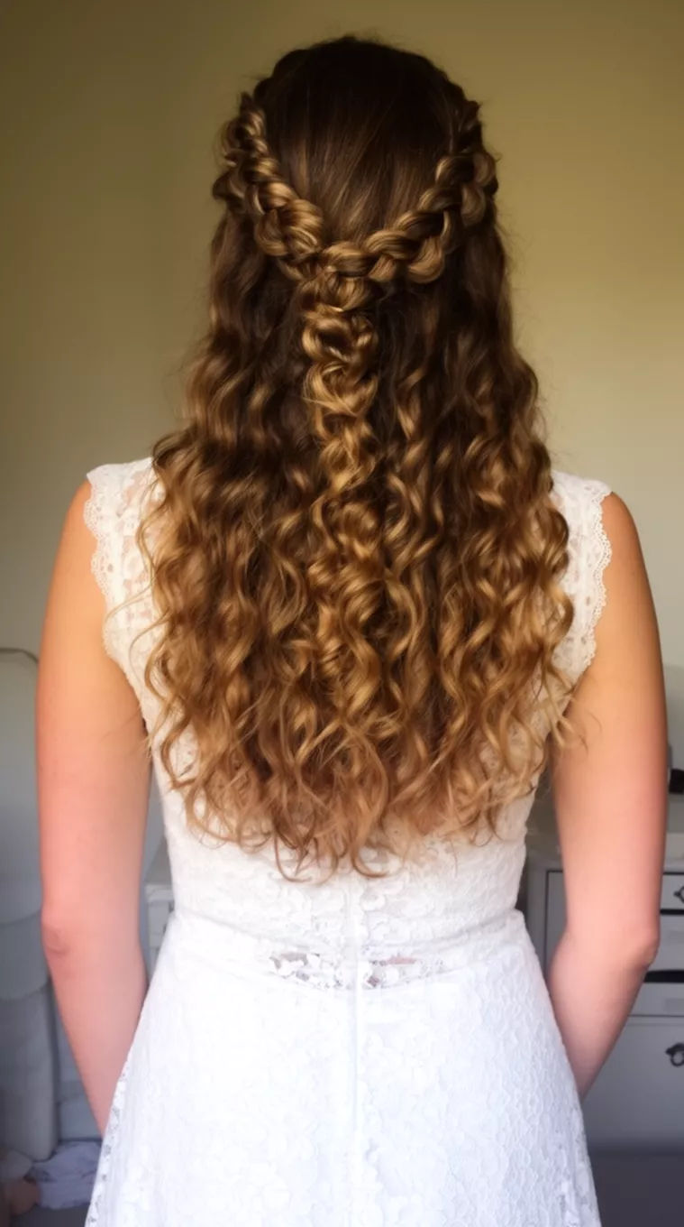 casual photo of a 27-year-old woman wearing a white lace dress with a Curly crown braid with the rest left down, back view