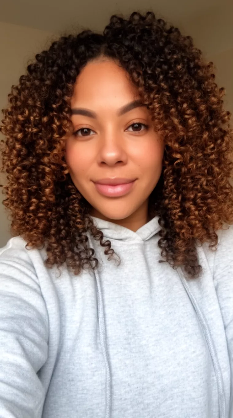 selfie of a 30-year-old woman wearing a cozy gray hoodie with a Curly braid-out with soft, chunky definition
