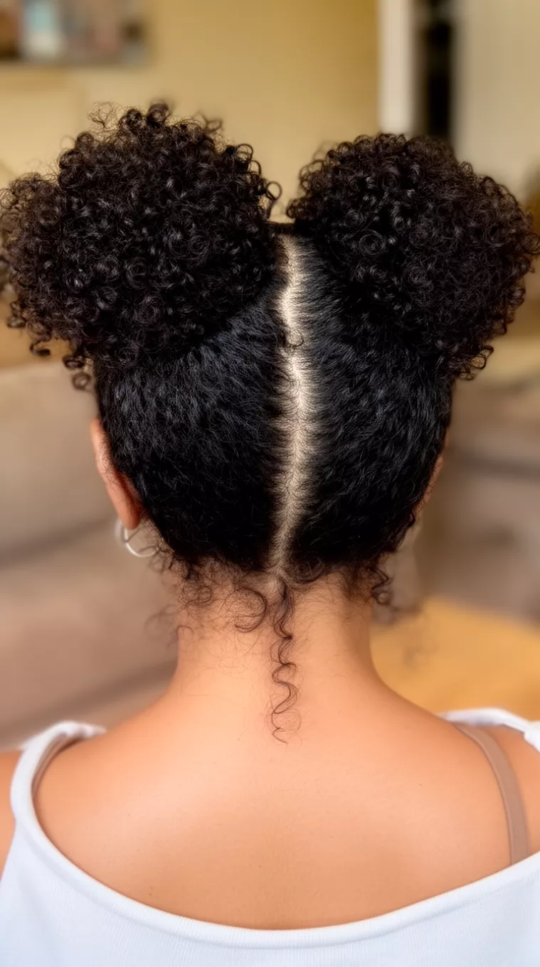 casual photo of a 24-year-old woman with a Double space buns on natural curls, back view, shot on an iPhone 15 Pro Max